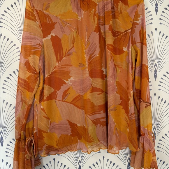 Orange and Brown Ruffled Bell Sleeve Tie Front Blouse - Picture 7 of 7